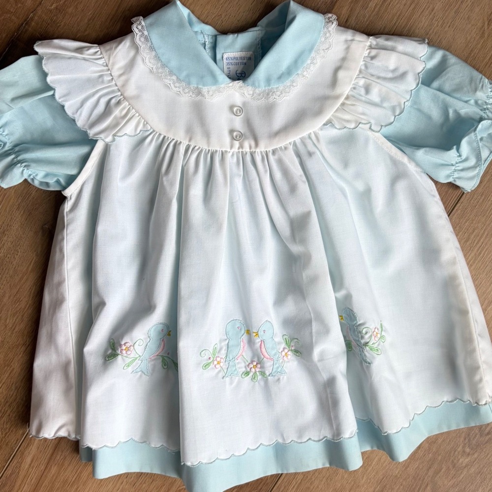 Vintage 6M Babyjogs Blue and White Lace and Embroidered Baby Dress / Primitive